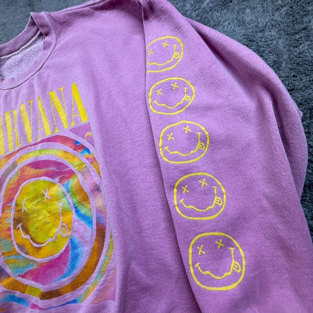Nirvana Smiley Face Sweatshirt Mens XXL Pink Tie Dye Crewneck Pullover Fleece - Picture 2 of 7